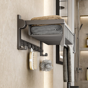 SOGA 2X 61cm Gray Wall-Mounted Double Pole Towel Holder Bathroom Organiser Rail Hanger with Hooks
