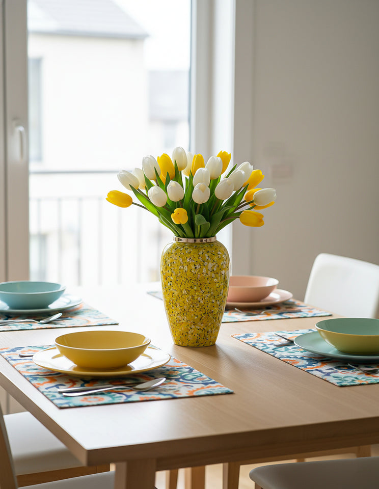 SOGA 30x19cm Yellow with White Mini Floral Medium Ceramic Flower Vase Elegant Living Room Home Decor