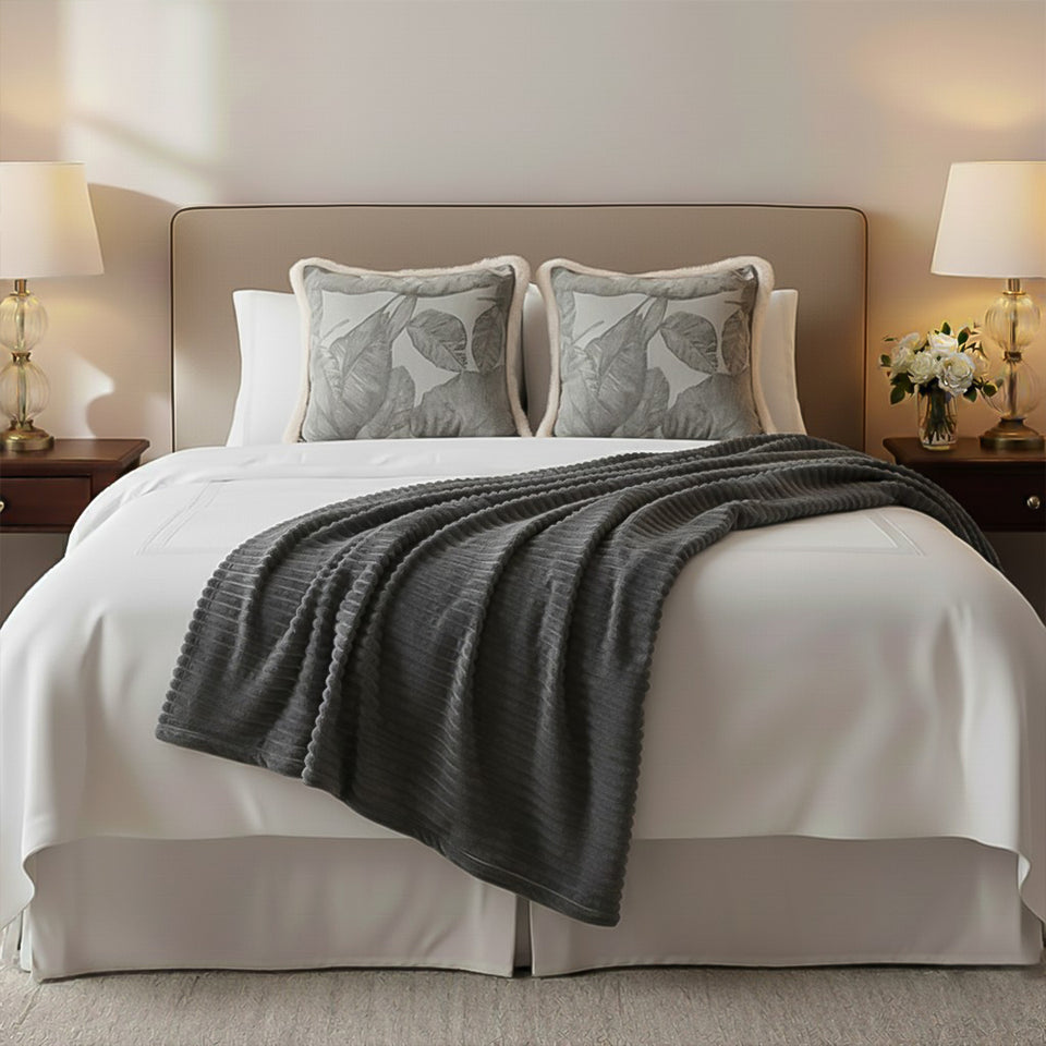 SOGA Home & Living Bundle – 2 Wabi-Sabi Embroidered Leaf Pillow & Grey Striped Throw Blanket