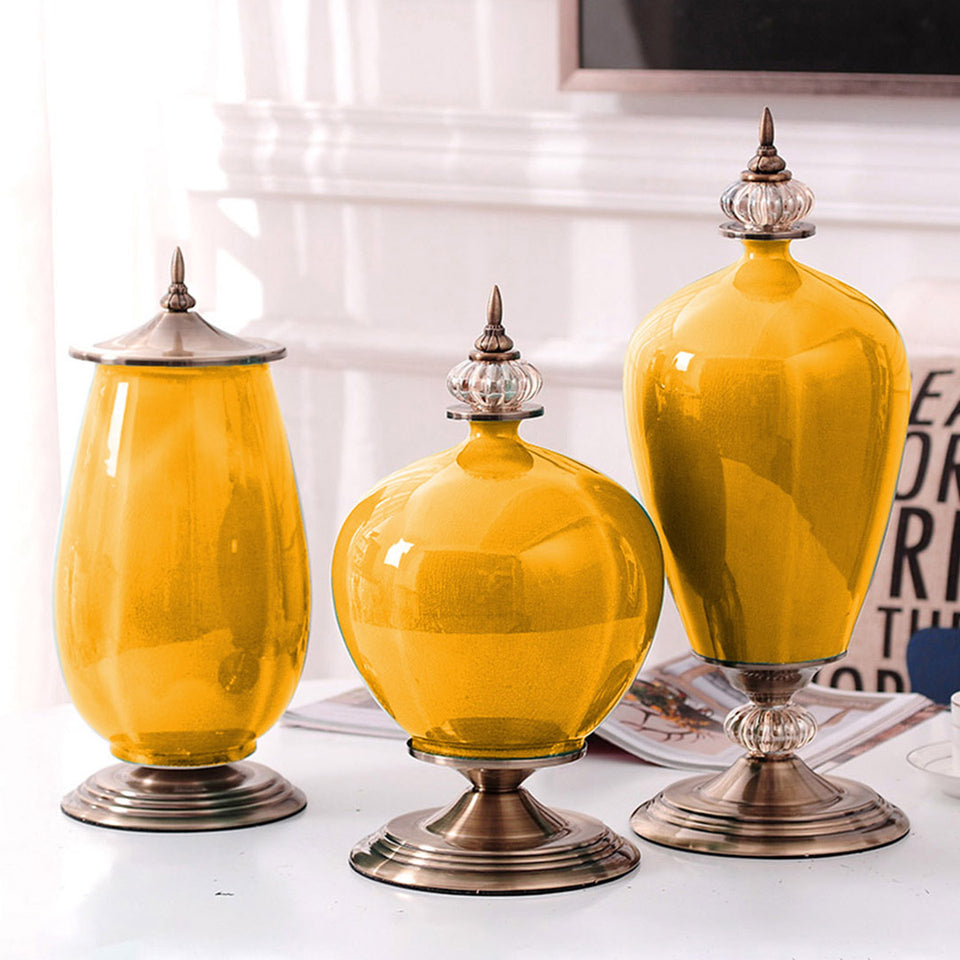 SOGA 38cm Ceramic Oval Flower Vase with Gold Metal Base Yellow