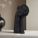 SOGA 38cm Black Minimalist Head Resin Sculpture with Hand at Side and Linear Texture for Home Decor