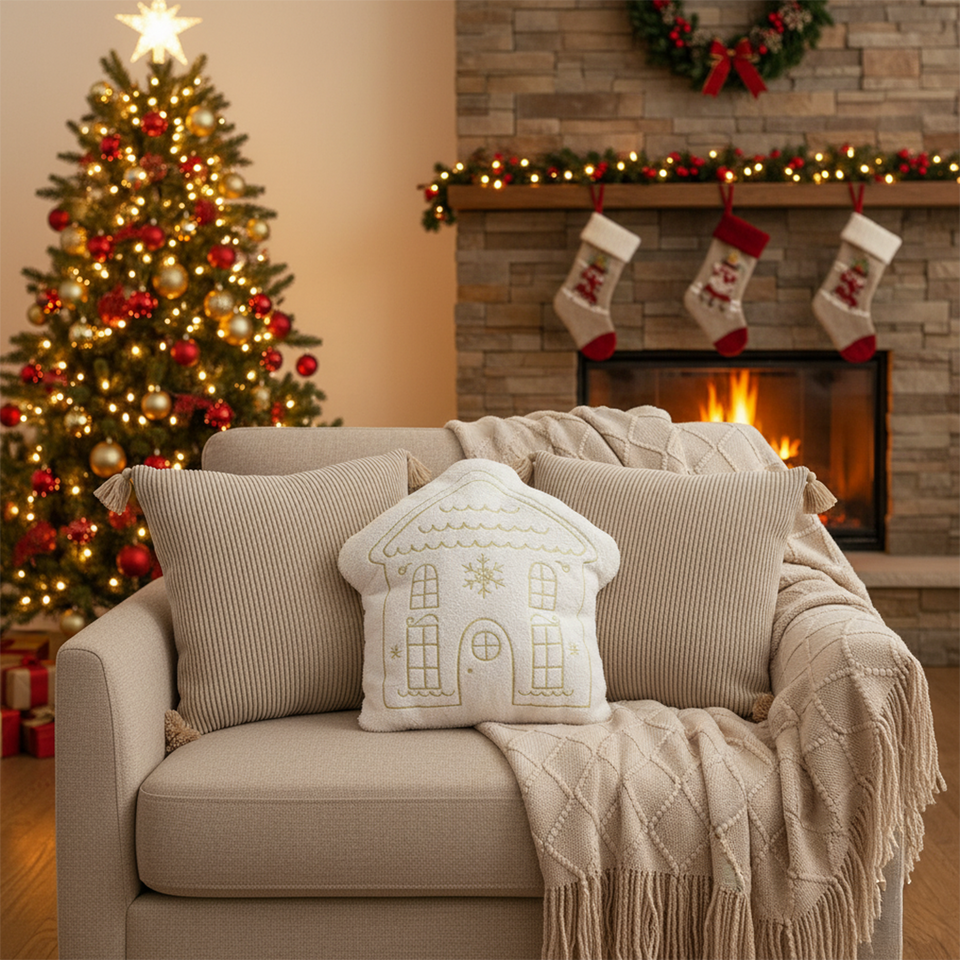 SOGA Christmas Bundle – 2 Khaki Wabi-Sabi & White Christmas House Pillows with Beige Knitted Throw