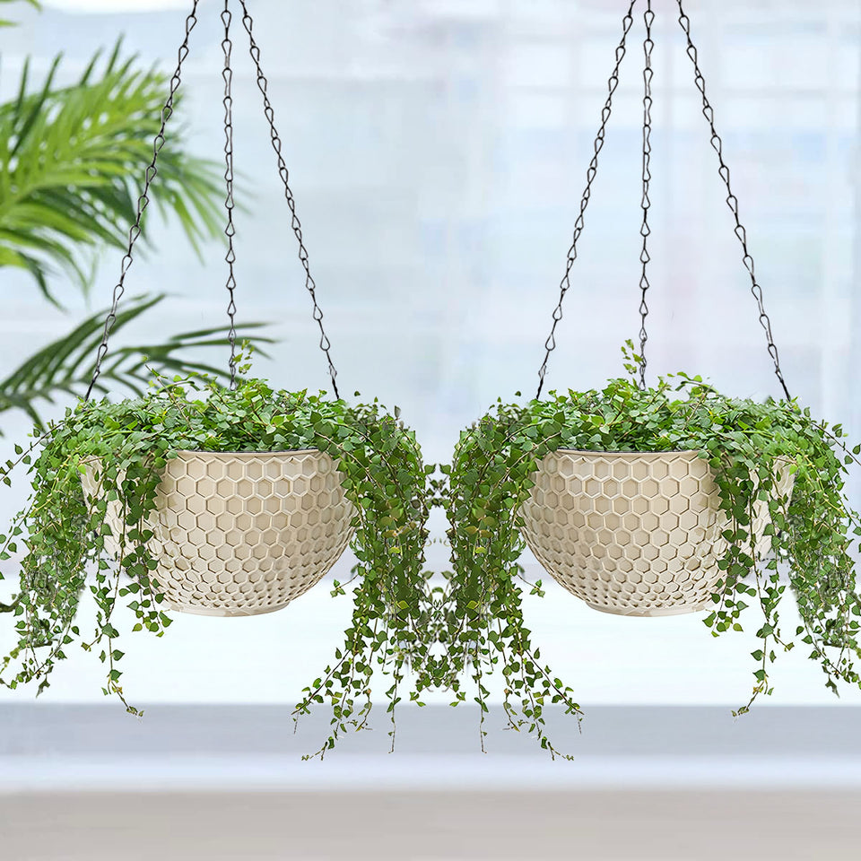 SOGA White Large Hanging Resin Flower Pot Self Watering Basket Planter Outdoor Garden Decor