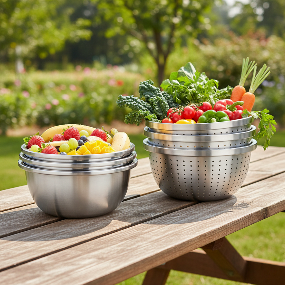 SOGA Kitchenware Bundle – Stainless Steel Nesting Colanders & Deep Stackable Mixing Bowls Set