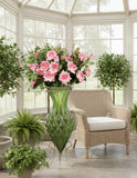 SOGA 67cm Green Glass Tall Floor Vase and 12pcs Pink Artificial Fake Flower Set
