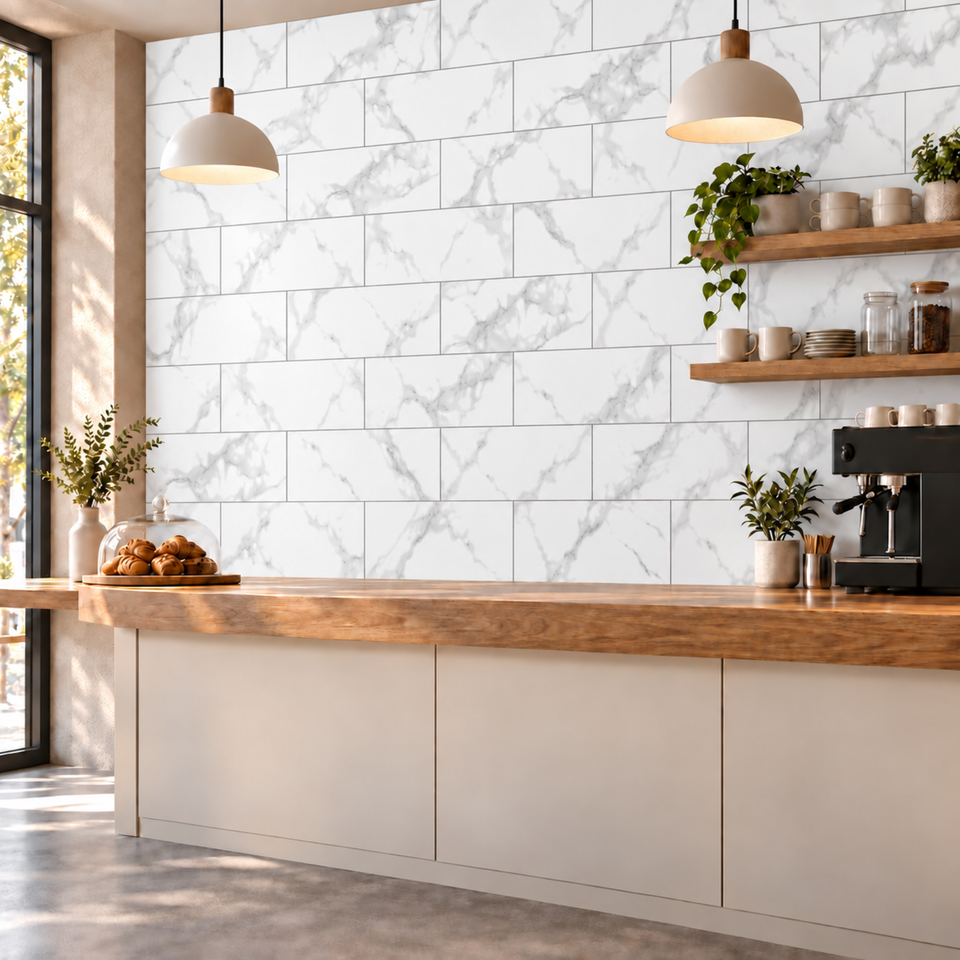 SOGA Peel & Stick Floor and Wall Tiles 30 x 60cm 10 Pack White Grey Faux Marble