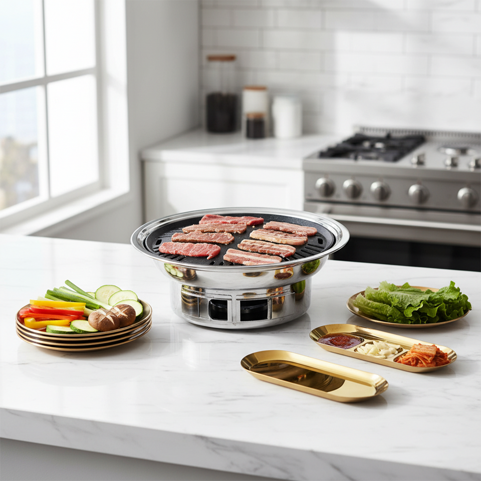 SOGA Kitchenware Bundle – Gold Nordic Plate Set, 23cm Grilling Plate & Portable Charcoal BBQ Grill