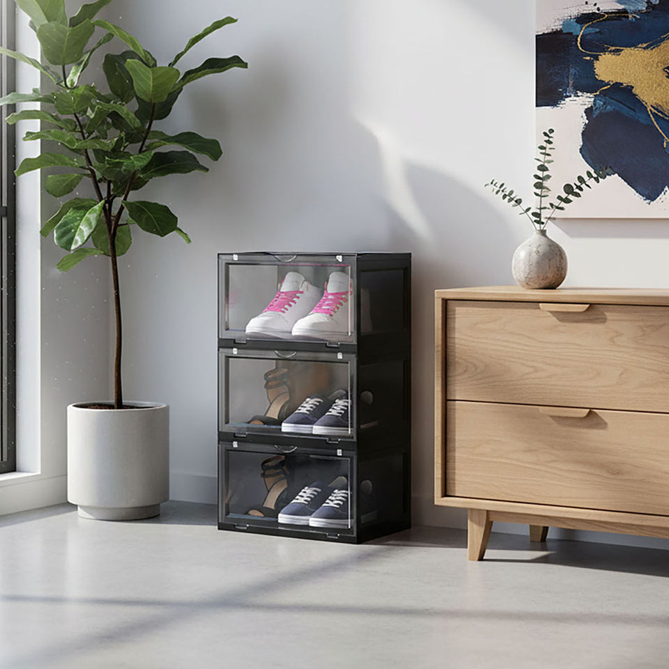 SOGA 2X 3 Tier Black Portable Shoe Organiser Sneaker Footwear Folding Plastic Bin Stackable Storage Box with Magnetic Door