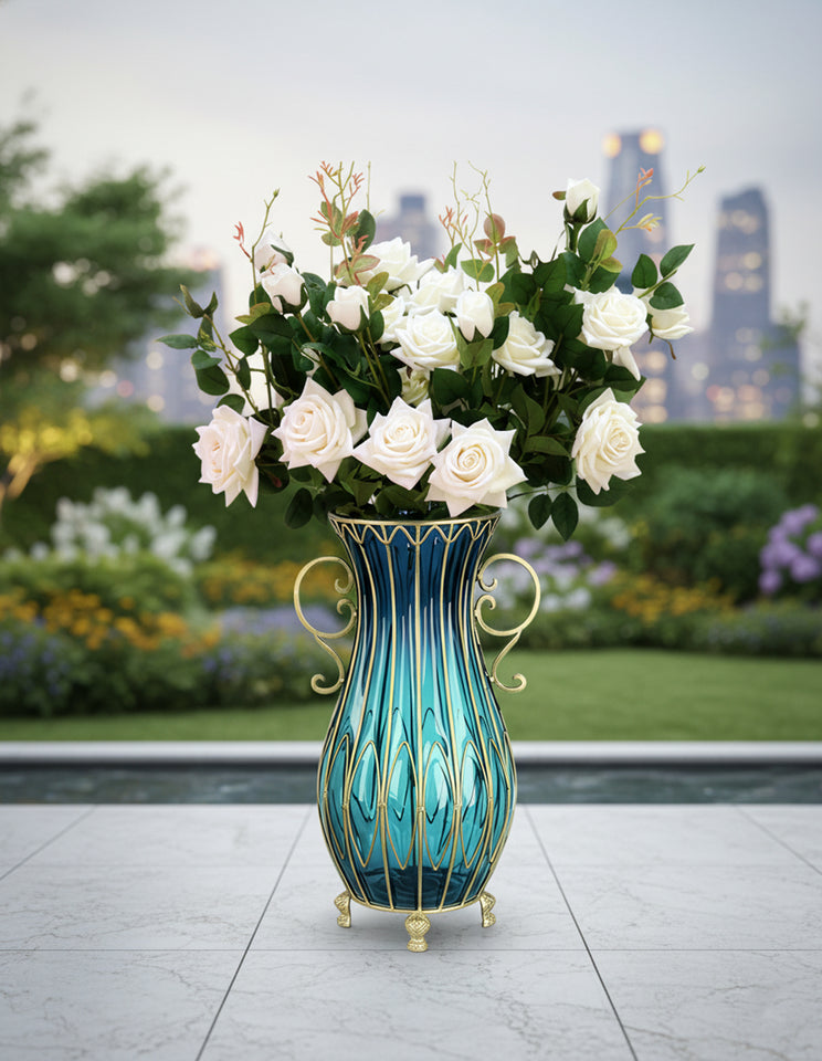 SOGA 51cm Blue Glass Tall Floor Vase with 12pcs White Artificial Fake Flower Set