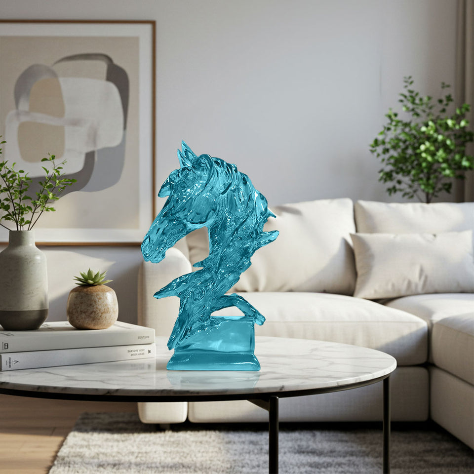 SOGA 37cm Blue Horse Head Resin Sculpture Flowing Mane Design Modern Art for Home Decor