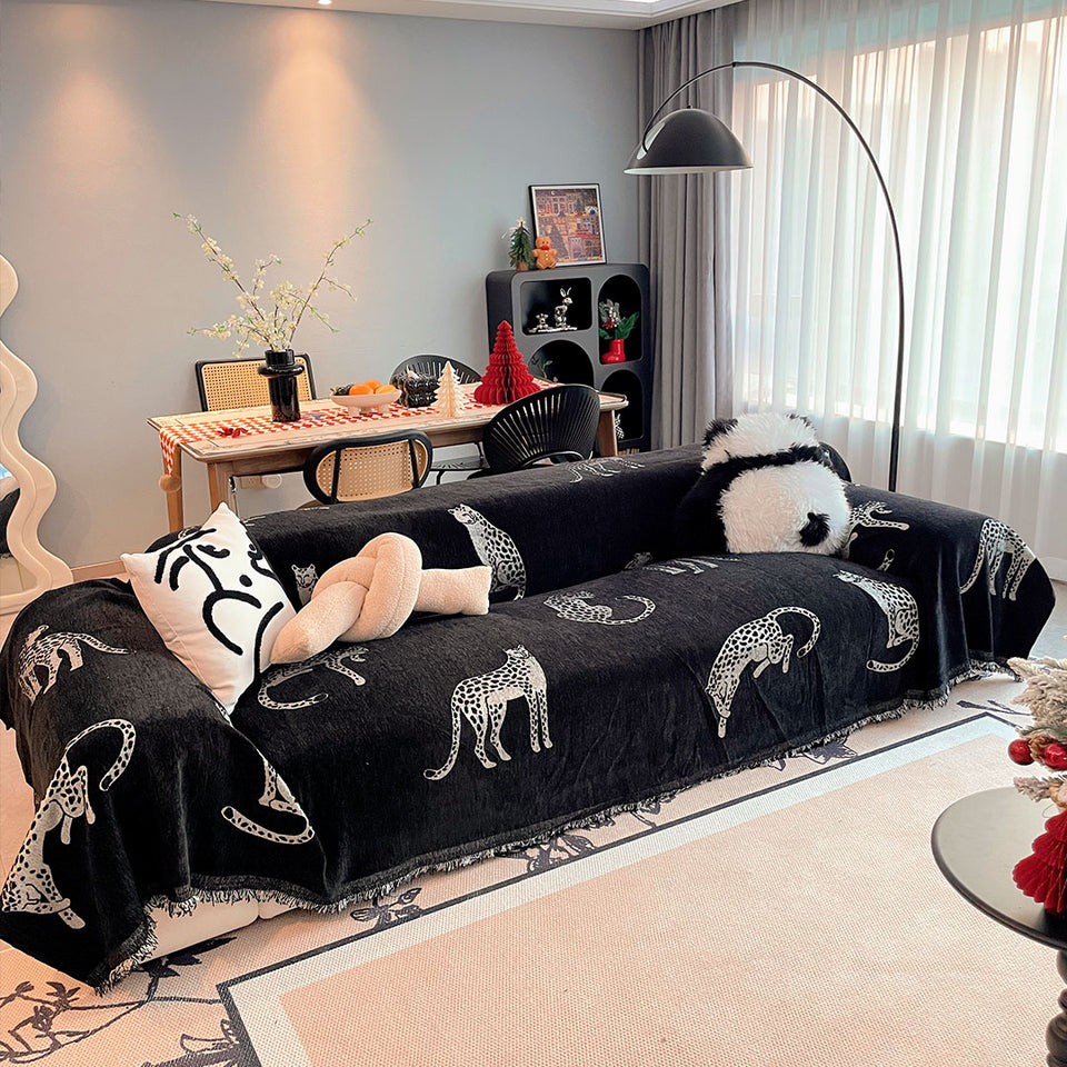 SOGA Three-seater Black Sofa Cover Leopard Print 180x340cm Polyester