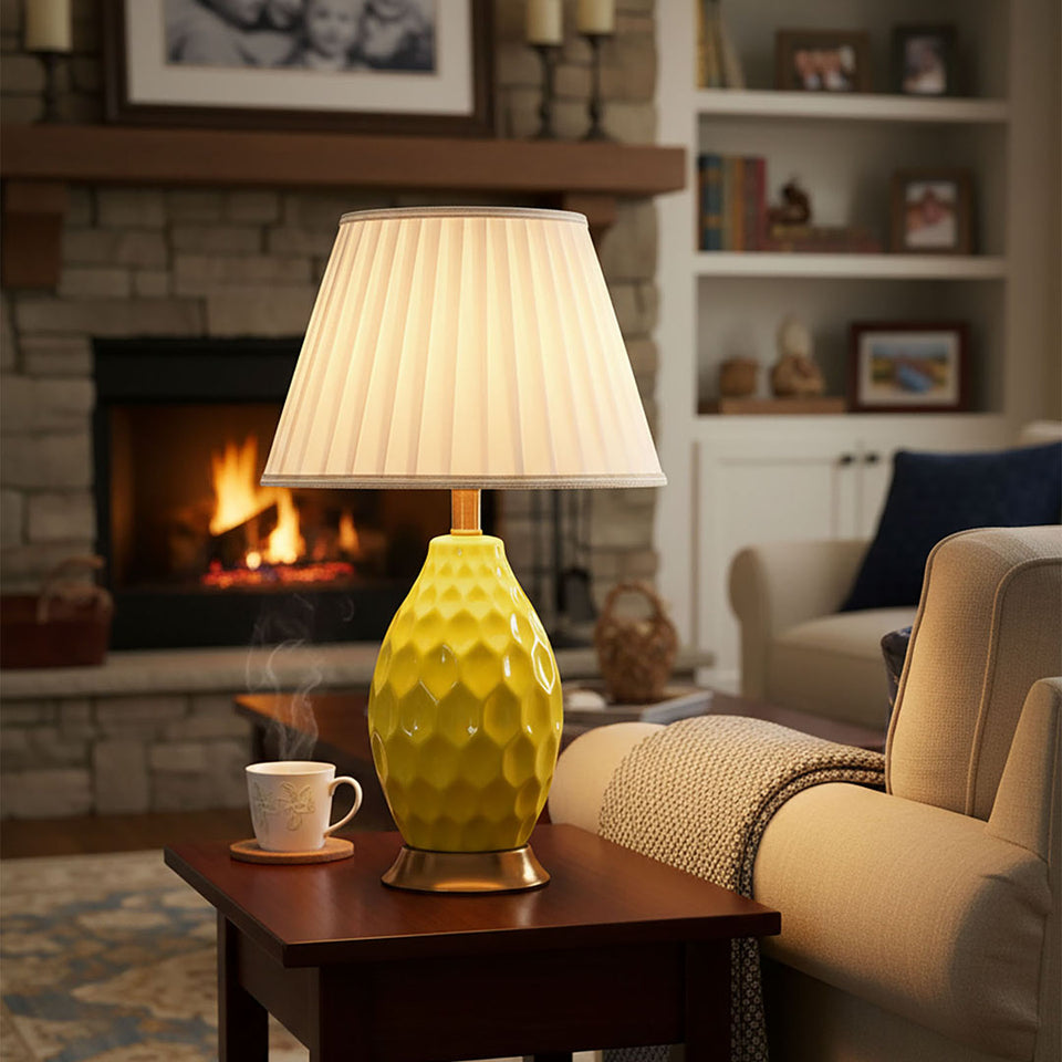 SOGA 4X Textured Ceramic Oval Table Lamp with Gold Metal Base Yellow