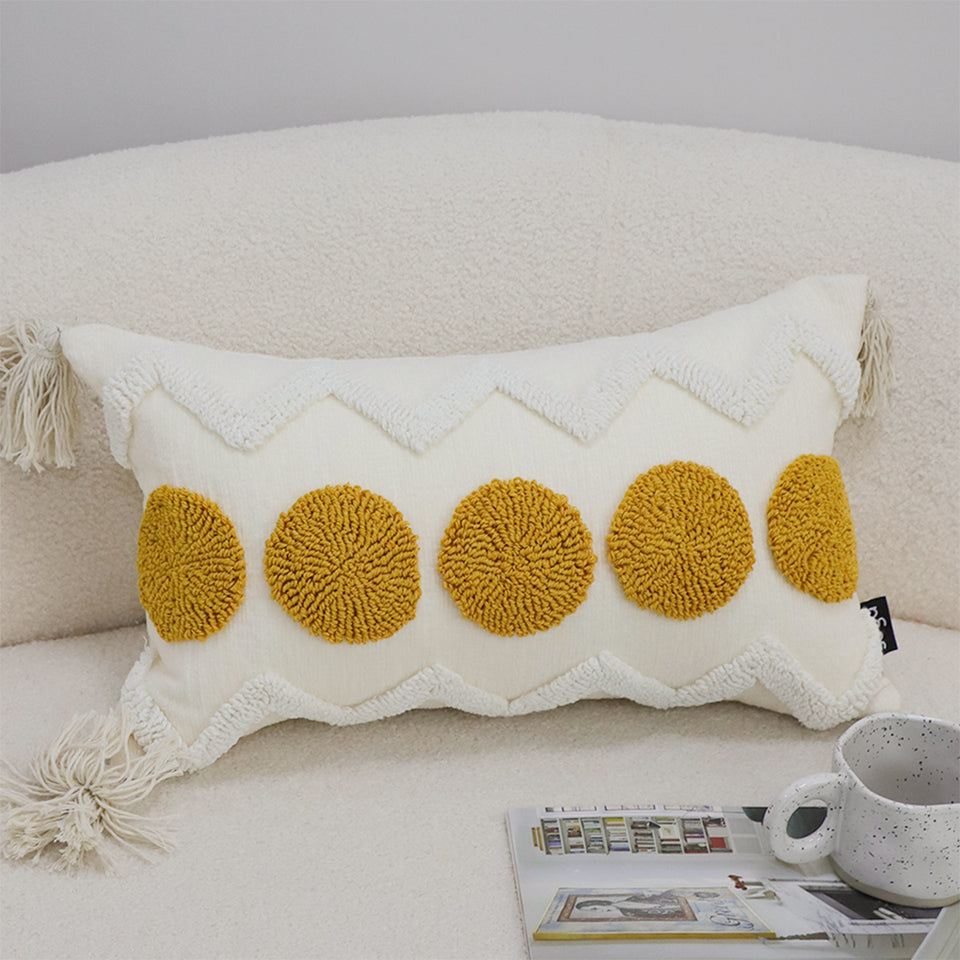 SOGA 30cm Cream Yellow Circle Pom Chevron Tassel Decorative Pillow