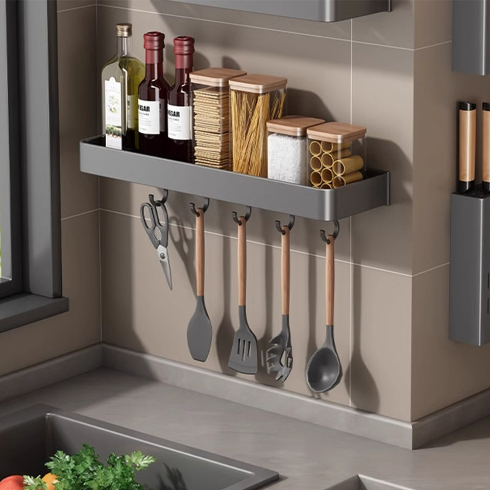 SOGA 40cm Black Wall-Mounted Rectangular Kitchen Spice Storage Organiser Space Saving Condiments Shelf Rack with Hooks