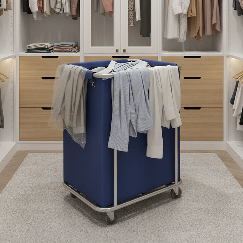 SOGA Stainless Steel Commercial Square Soiled Linen Laundry Trolley Cart with Wheels Blue