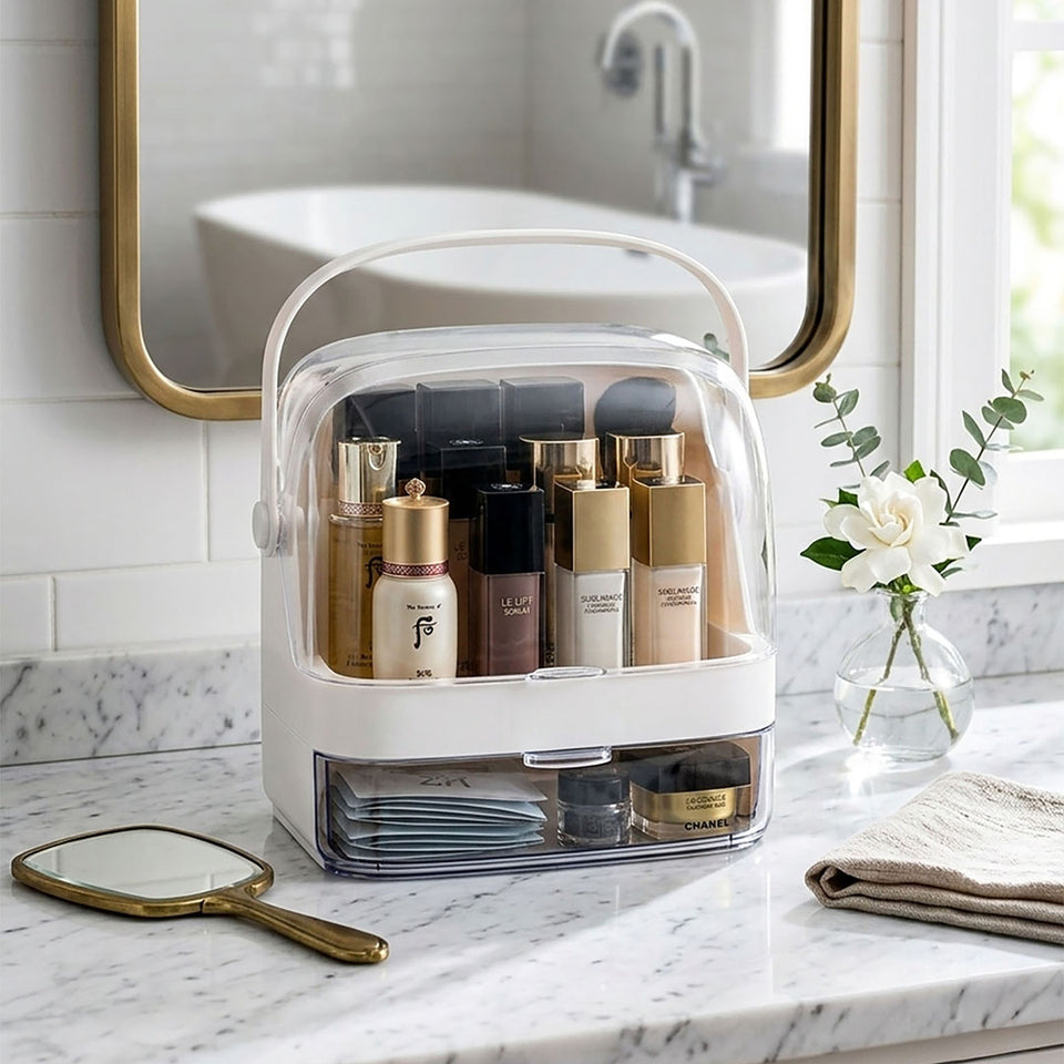 SOGA 2X 2 Tier White Countertop Makeup Cosmetic Storage Organiser Skincare Holder Jewelry Storage Box with Handle