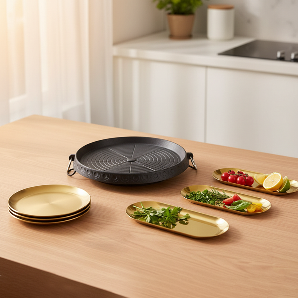 SOGA Kitchenware Bundle – Round Portable Korean BBQ Stove, Gold Grilling Plate & Nordic Plate Set