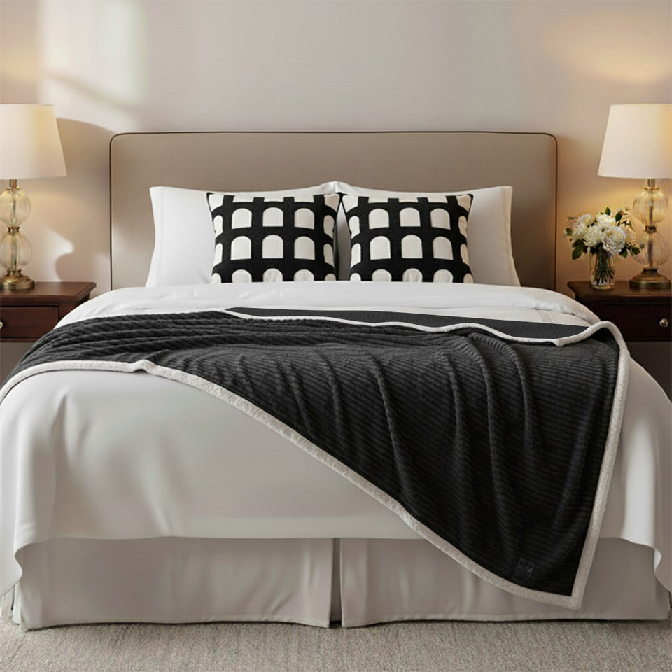 SOGA Home & Living Bundle – 2 Black White Geometric Pillow & Cozy Black Flannel Throw Blanket
