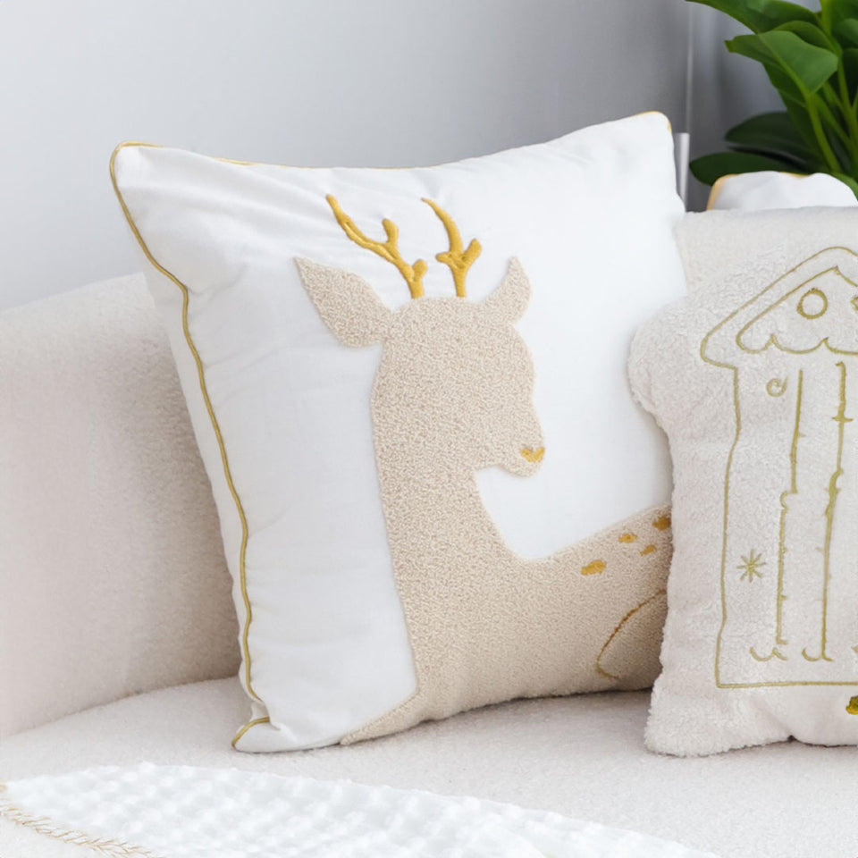 SOGA 45cm Whimsical Beige Reindeer Applique Gold Accent Throw Pillow
