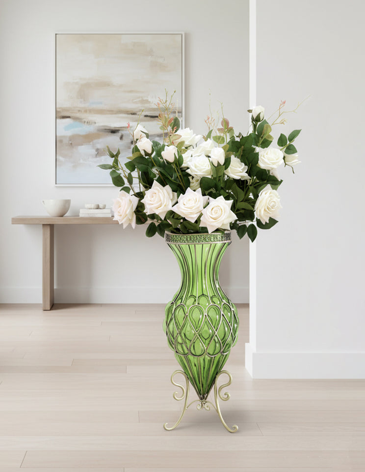 SOGA 67cm Green Glass Tall Floor Vase and 12pcs White Artificial Fake Flower Set
