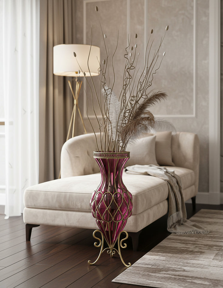 SOGA 67cm Purple Glass Tall Floor Vase with Metal Flower Stand