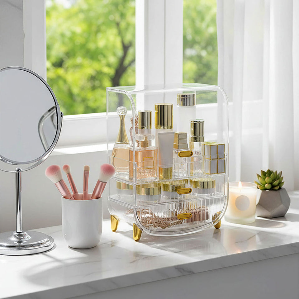SOGA 3 Tier Transparent Multifunctional Countertop Cosmetic Storage Makeup Perfume Skincare Display Stand Shelf Drawer Type Organiser