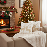 SOGA Christmas Bundle – 2 White & Gold Christmas Reindeer Pillow & White Chenille Fleece Throw