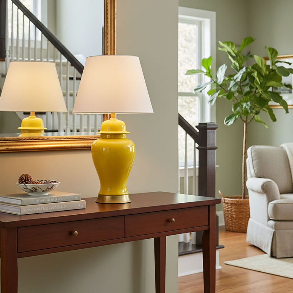 SOGA Oval Ceramic Table Lamp with Gold Metal Base Desk Lamp Yellow