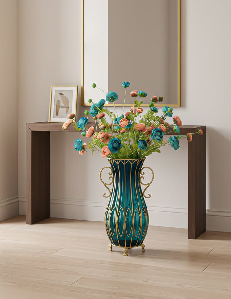 SOGA 51cm Blue Glass Tall Floor Vase with 12pcs Artificial Fake Flower Set