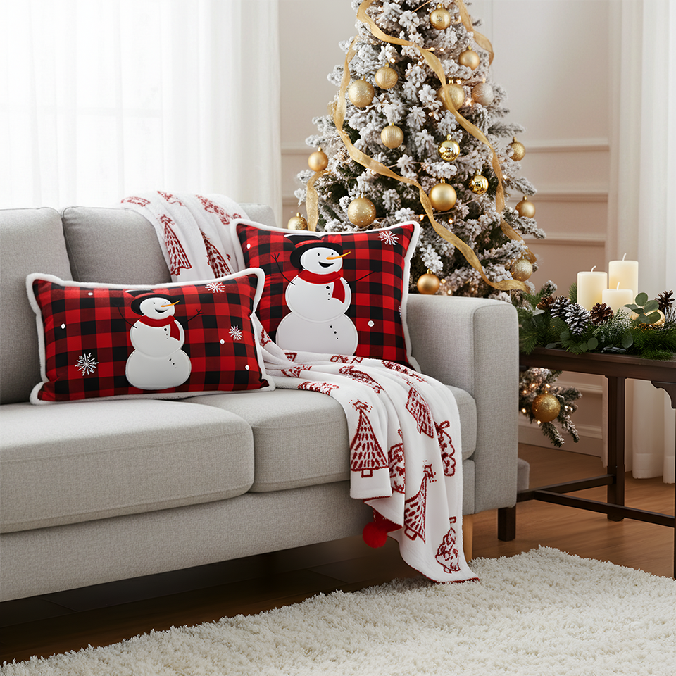 SOGA Christmas Bundle – Red Christmas Tree Fleece Throw & Red Snowman Holiday Pillows