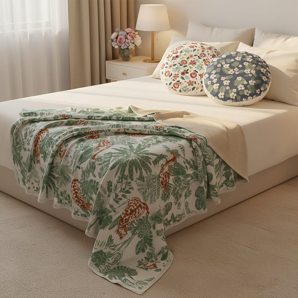 SOGA Home & Living Bundle – Soft Polyester-Cotton Pillows & Tropical Leaf Throw Blanket