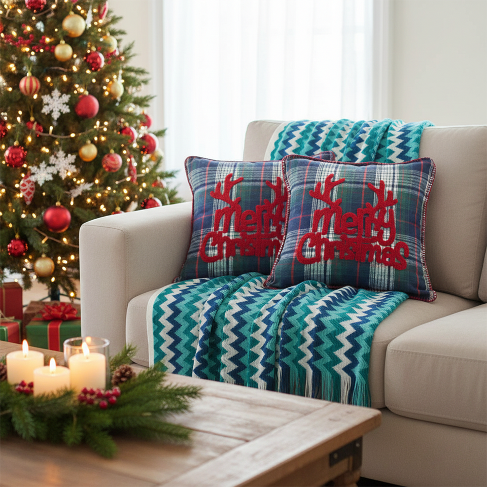 SOGA Christmas Bundle – 2 Multicolor Plaid Antler Pillow & Blue Zigzag Knitted Throw Blanket