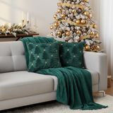 SOGA Christmas Bundle – 2 Teal Christmas Tree Pillow & Dark Green Cozy Striped Throw Blanket