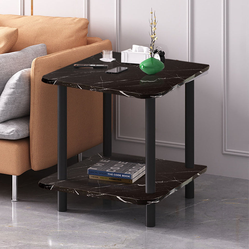 SOGA 60cm Black Stone-Patterned Table – Modern Round Design with Black Metal Legs