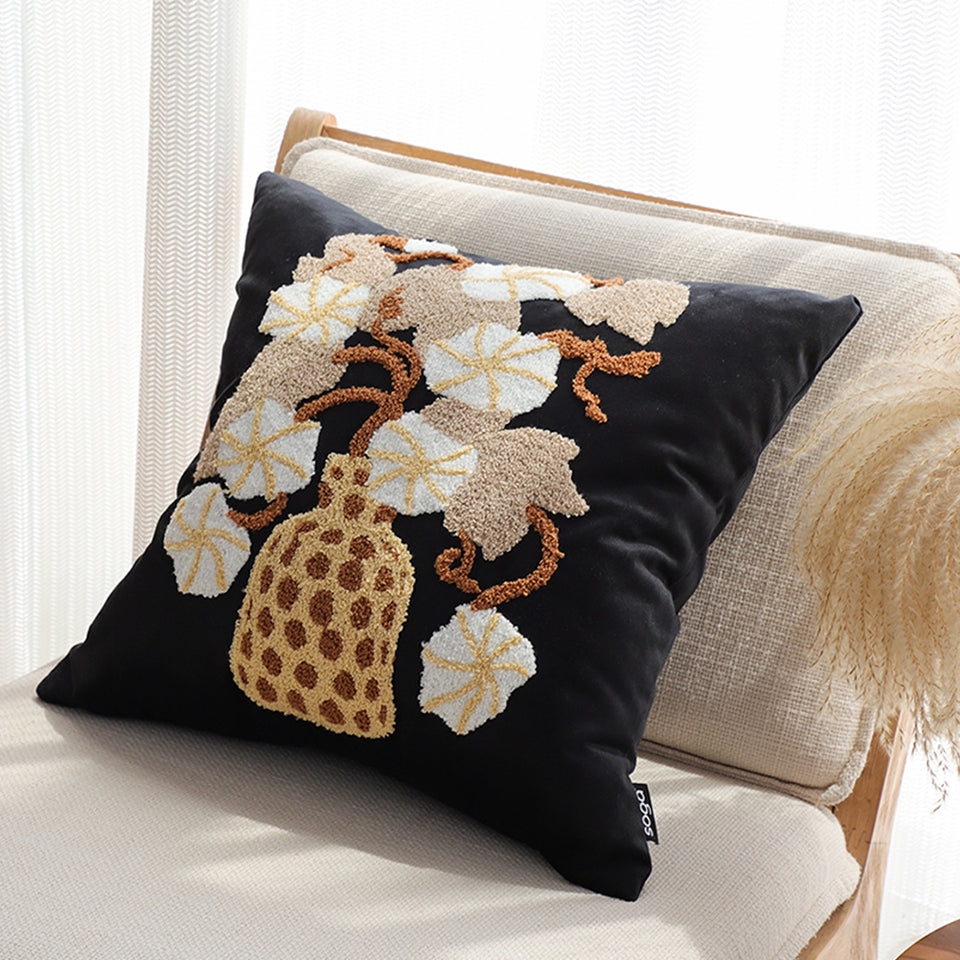 SOGA 2X 45cm Black Gold Wicker Basket Floral Embroidered Throw Pillow
