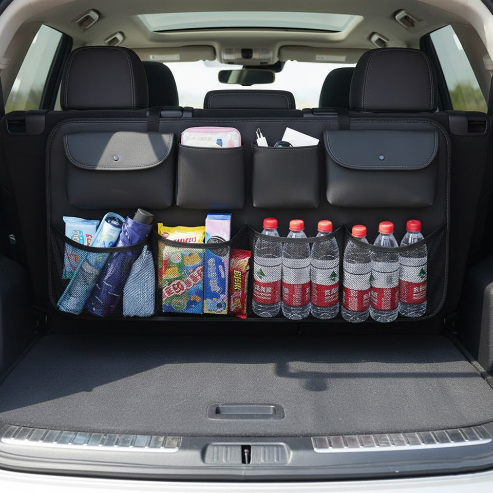 SOGA Car Bundle – Black Leather Back Seat Storage Organizer & Inflatable Boot Mattress
