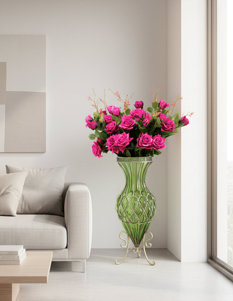 SOGA 67cm Green Glass Tall Floor Vase and 12pcs Dark Pink Artificial Fake Flower Set
