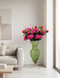 SOGA 67cm Green Glass Tall Floor Vase and 12pcs Dark Pink Artificial Fake Flower Set