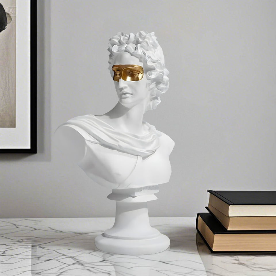 SOGA 40cm White Classical Bust Resin Sculpture with Gold Eye Mask for Modern Home Decor