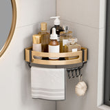 SOGA 2X Gold Wall-Mounted Triangular Bathroom Storage Corner Vanity Organiser Space Saving Adhesive Shelf Rack with Hooks