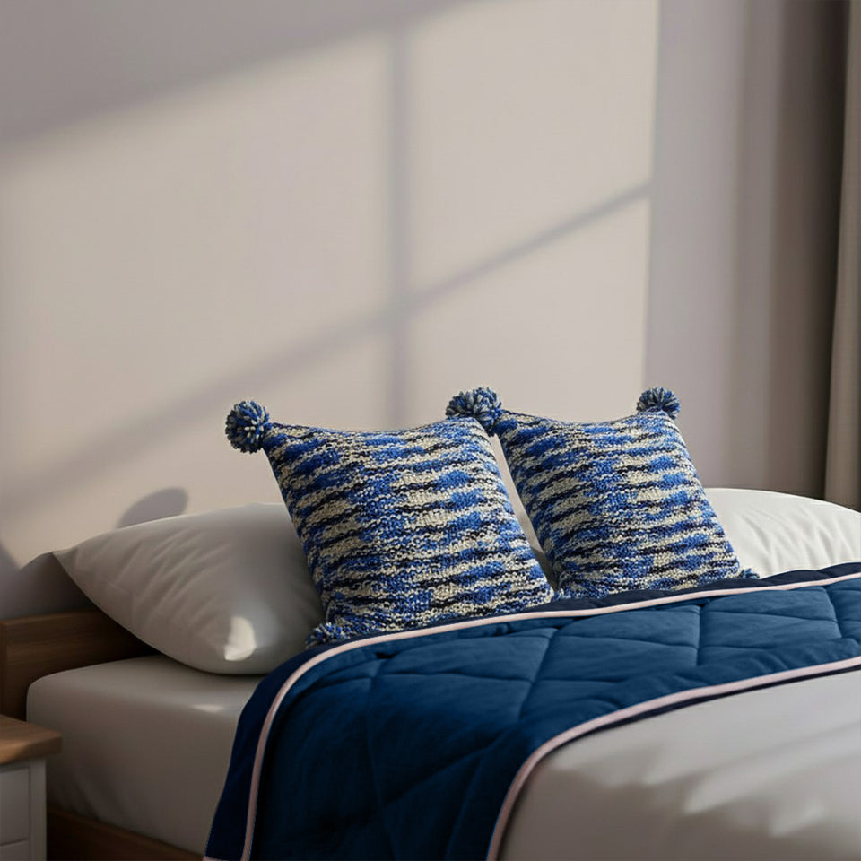 SOGA Home & Living Bundle – 2 Deep Sea Blue Gradient Pillow & Navy Blue Cozy Flannel Blanket