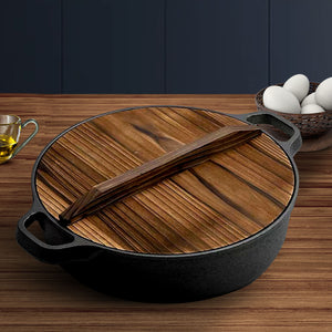 SOGA 2X 31cm Round Cast Iron Pre-seasoned Deep Baking Pizza Frying Pan Skillet with Wooden Lid