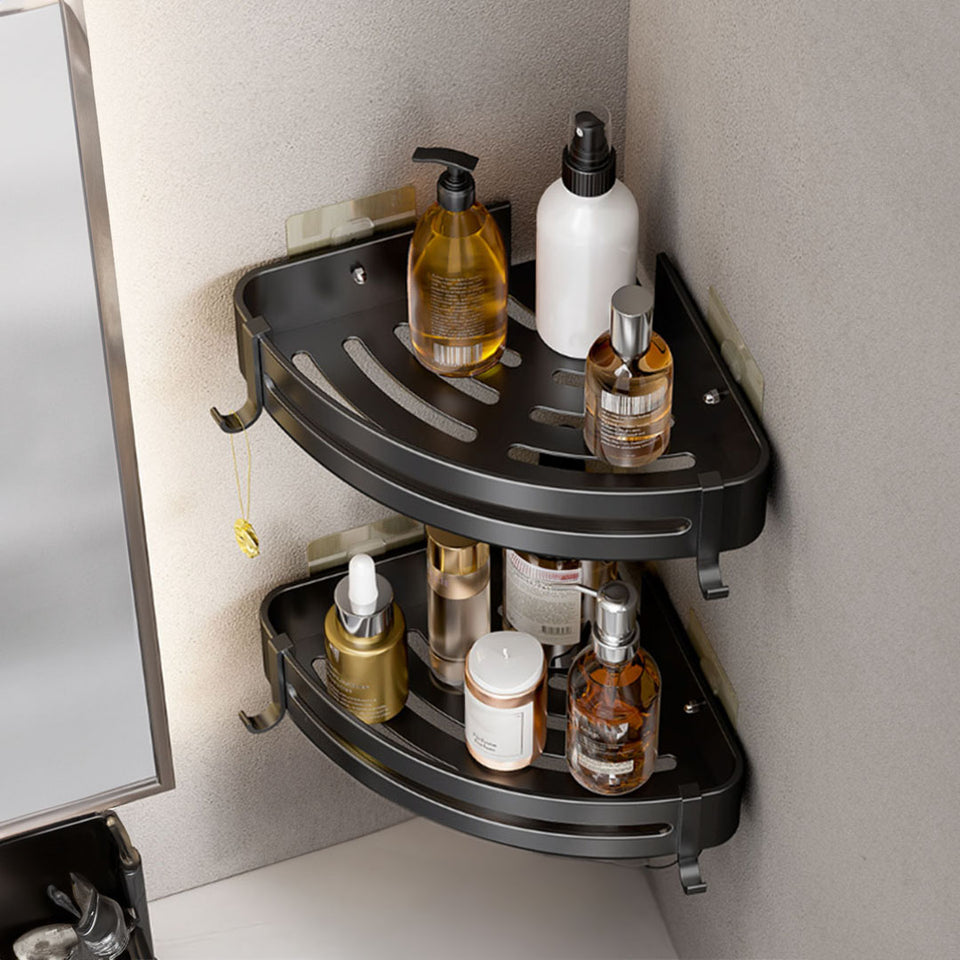 SOGA 2X Black Wall-Mounted Triangular Bathroom Storage Corner Vanity Organiser Space Saving Adhesive Shelf Rack with Hooks