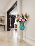 SOGA 85cm Blue Glass Tall Floor Vase and 12pcs Pink Artificial Fake Flower Set