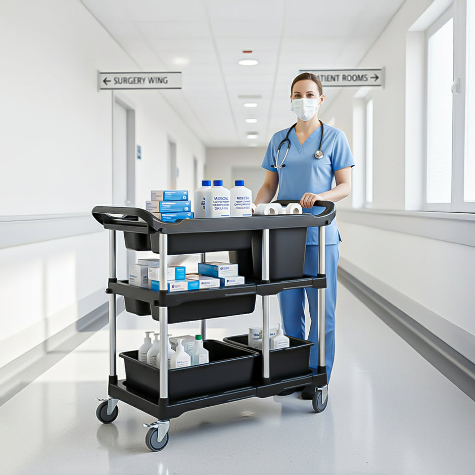 SOGA 2X Black 3-Tier Kitchen Utility Trolley Cart with 5 Buckets