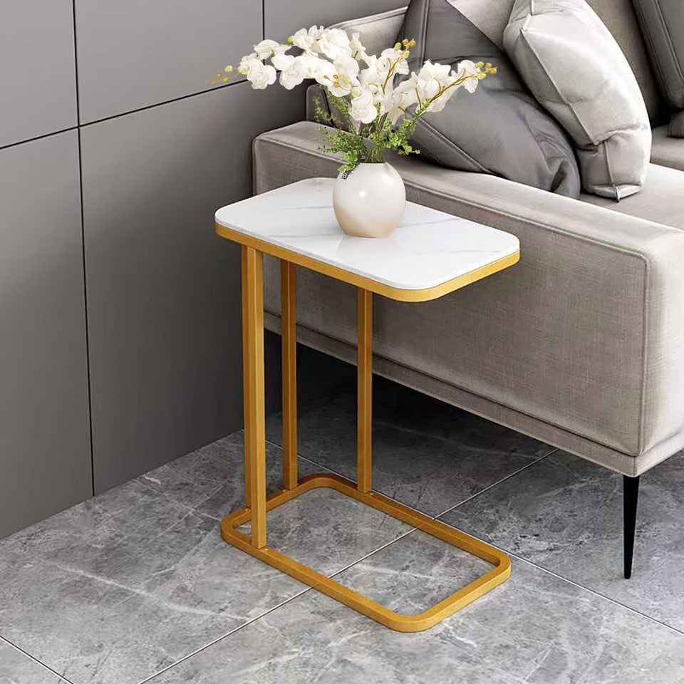 SOGA 2x 30x50cm White Stone-Patterned Sofa Side Tables – Square Mini Tables with Gold Metal Legs