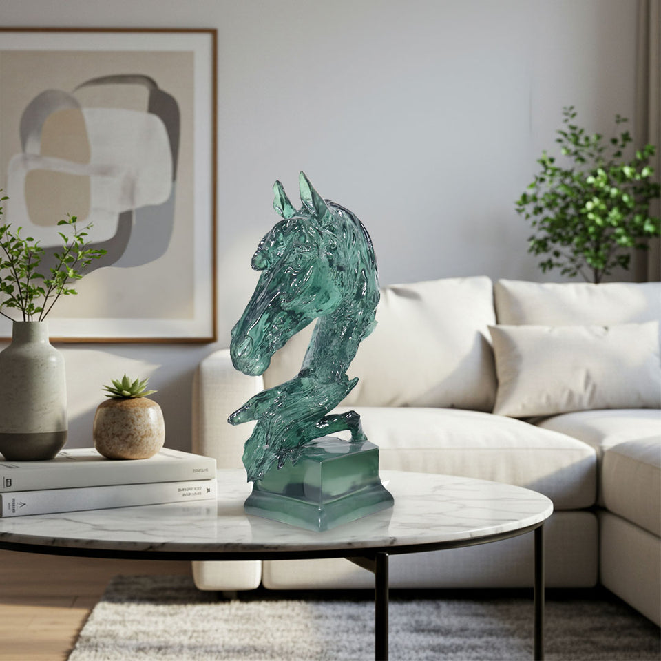 SOGA 37cm Green Horse Head Resin Sculpture Flowing Mane Design Modern Art for Home Decor