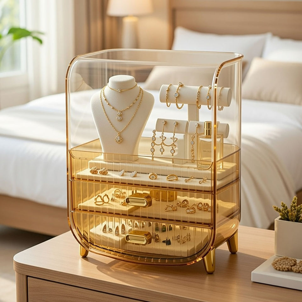 SOGA 3 Tier Golden Yellow Multifunctional Countertop Cosmetic Storage Makeup Perfume Skincare Display Stand Shelf Drawer Type Organiser