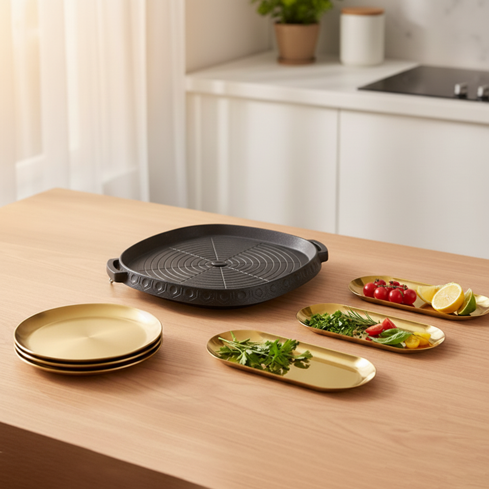 SOGA Kitchenware Bundle – Square Portable Korean BBQ Stove, Gold Grilling Plate & Nordic Plate Set