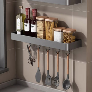 SOGA 50cm Black Wall-Mounted Rectangular Kitchen Spice Storage Organiser Space Saving Condiments Shelf Rack with Hooks